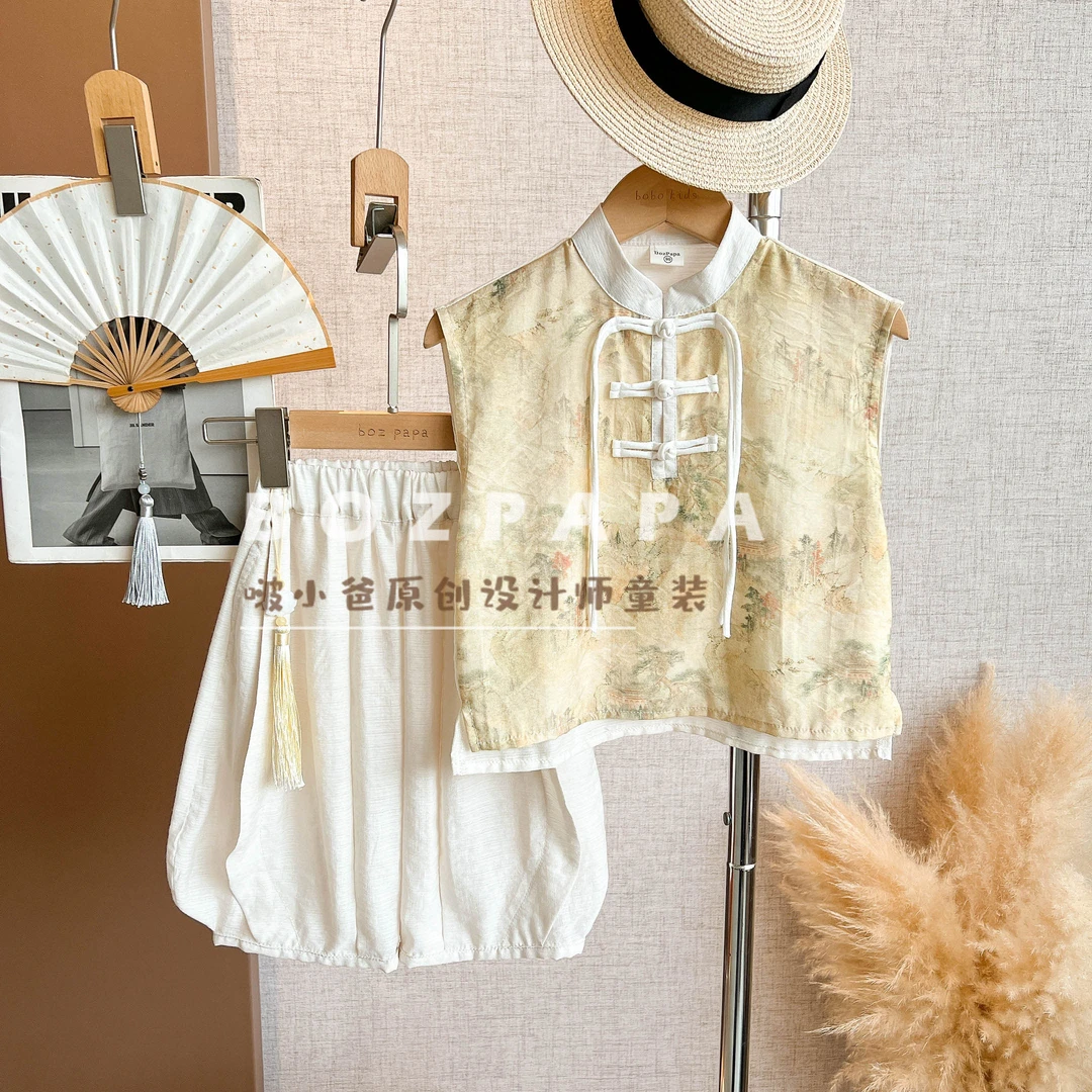 现货啵小爸【杏黄描春】2025夏季男童新中式印花设计国风背心套装
