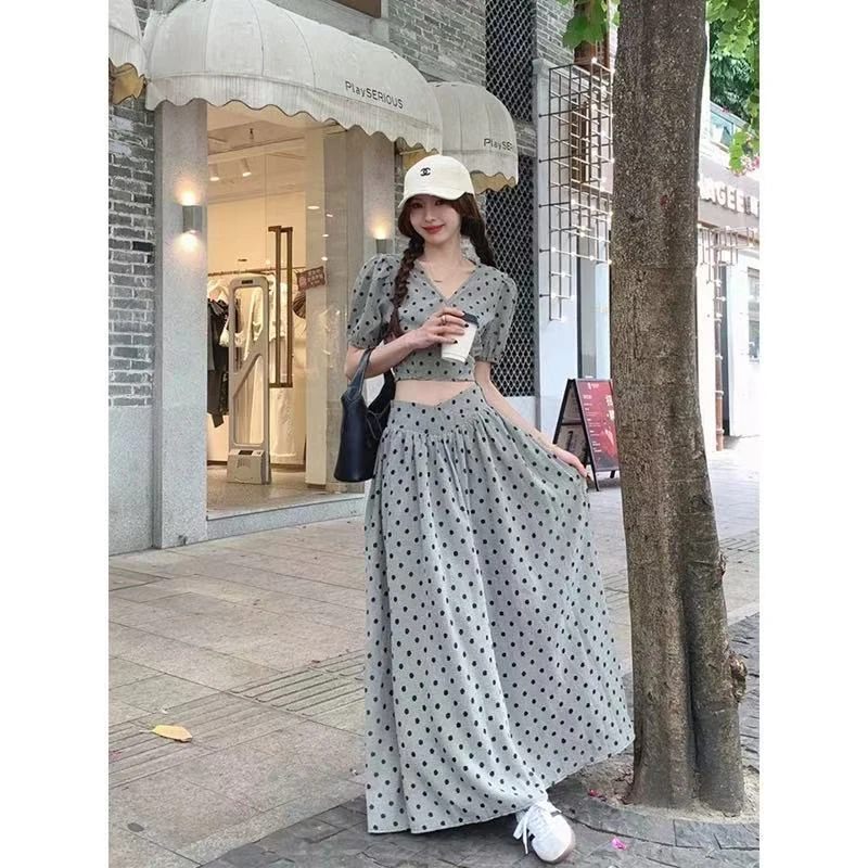 时尚套装轻熟小众碎花长款高腰长裙夏季波点裙9115