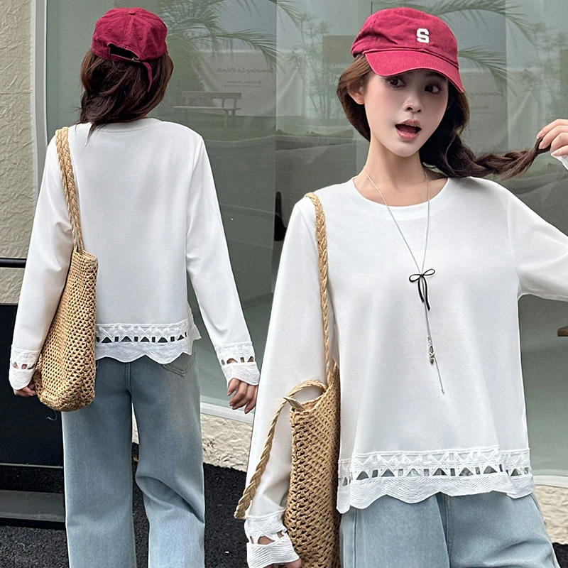 韩版圆领黑色长袖T恤女2025秋季新款拼接慵懒风镂空百搭打底衫潮