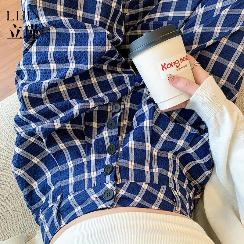 藏青色泡泡格子高级阔腿裤女早秋宽松高腰垂感休闲舒适直筒西装裤