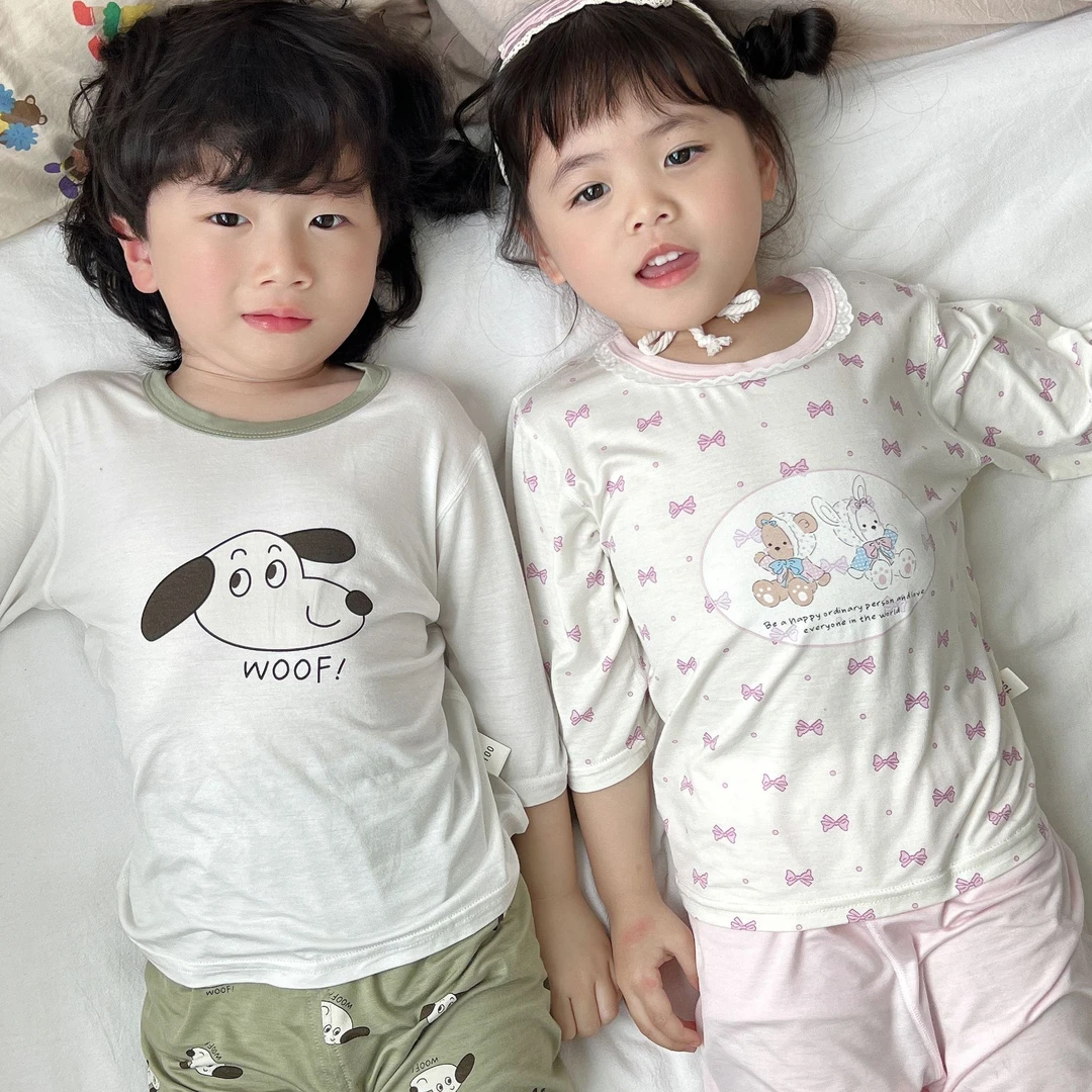 儿童优可丝无骨七分睡衣男女童家居服夏季轻薄透气薄款空调服套装
