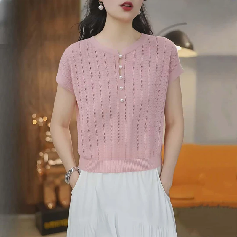 法式复古粉色镂空短袖针织衫女2025夏季新款时尚减龄显瘦小众上衣