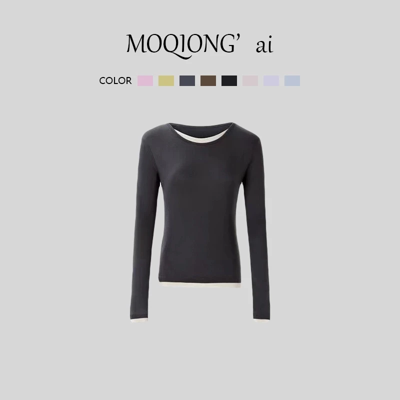 【墨琼】 “醋酸森林”醋酸纤维春季百搭撞色假两件T恤女 8018