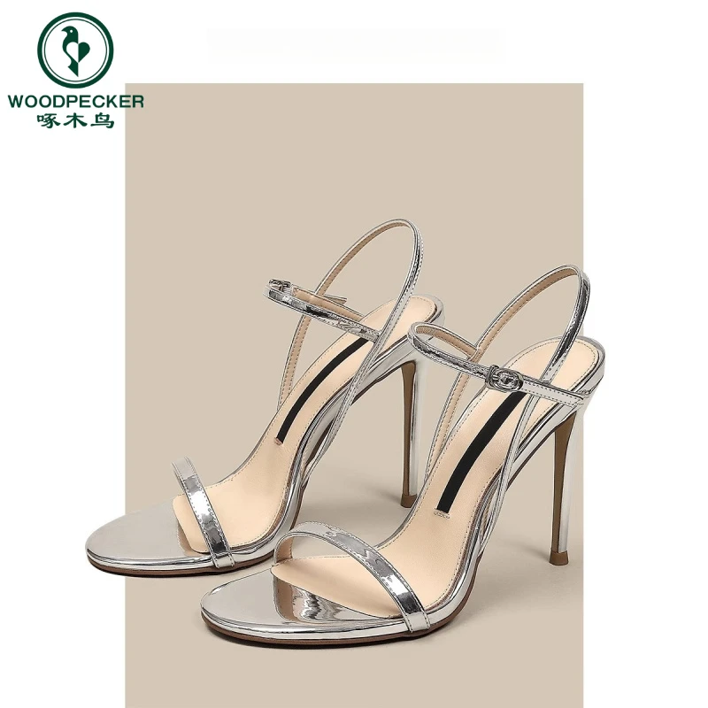啄木鸟银色一字带高跟凉鞋女款2025新款绝美气质高跟鞋女夏季细跟