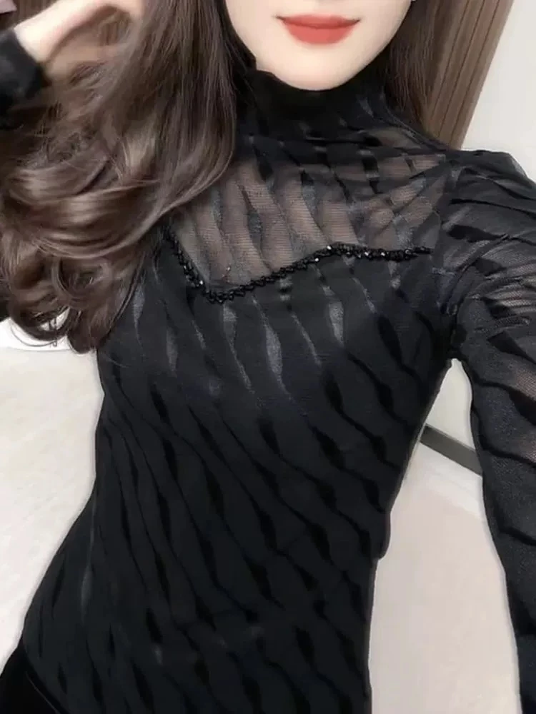 欧货2025新款t恤女修身春季长袖网纱上衣时尚性感打底衫拼接洋气