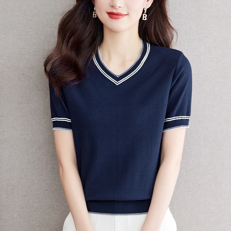 V领针织衫女士夏装2025新款大码洋气上衣宽松显瘦薄款冰丝短袖T恤