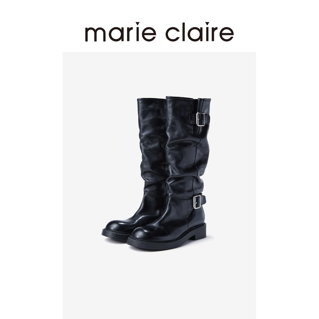【陈老师同款】MC女鞋堆堆宽筒长靴2025年冬骑士靴marieclaire女鞋