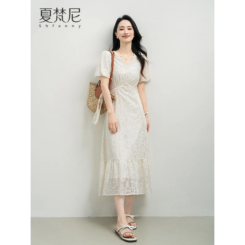 夏梵尼海屿风铃法式刺绣提花连衣裙女收腰显瘦温婉大方高级感裙子
