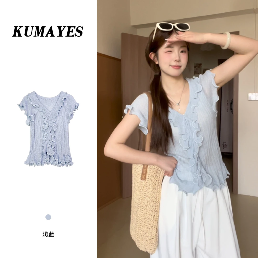 KUMAYES浅蓝色小众木耳边v领针织冰丝上衣女夏短款小飞袖短袖t恤