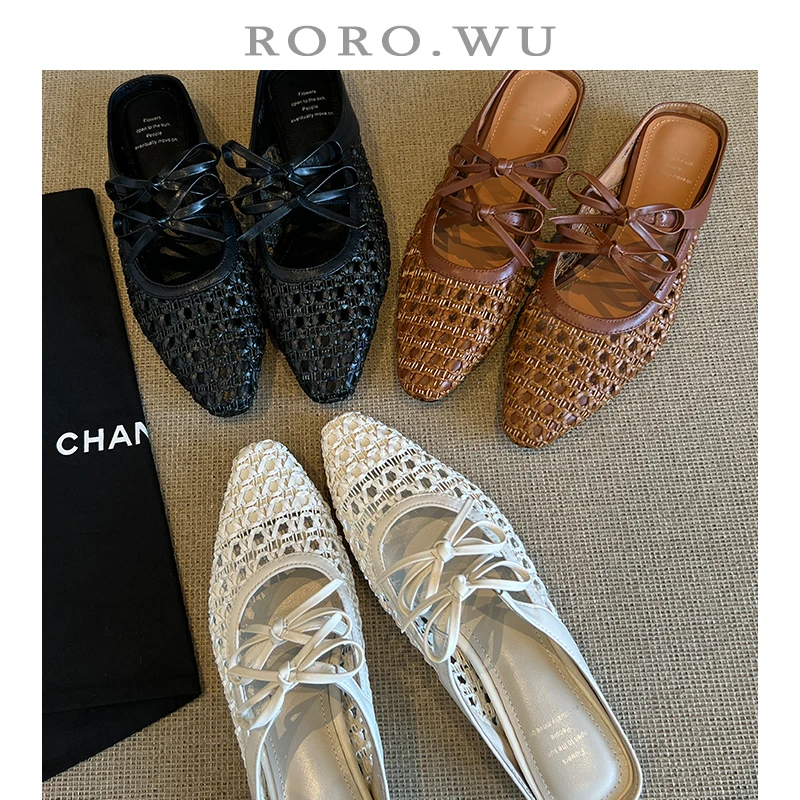 娆娆吴·夏季羊皮度假风编织蝴蝶结减龄气质优雅百搭包头拖鞋T345