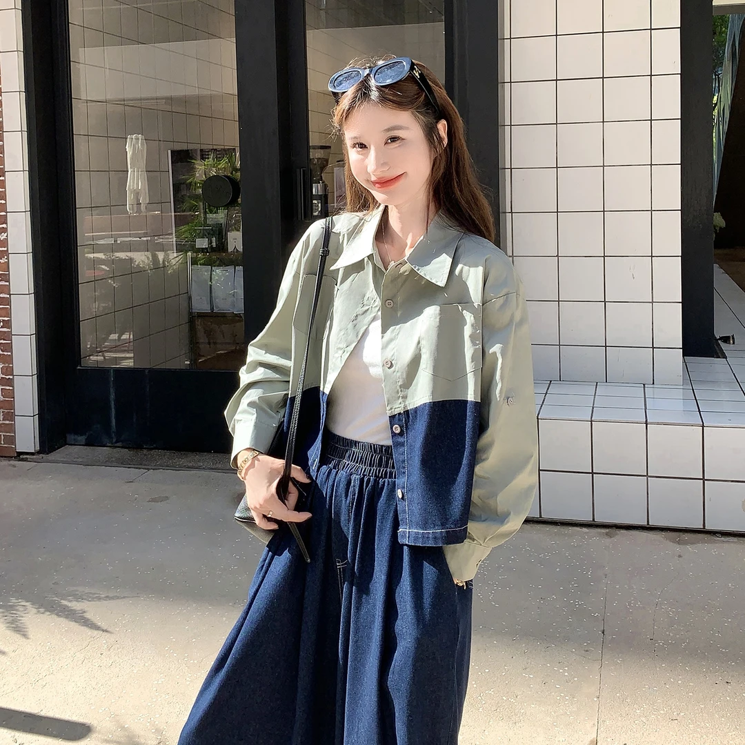 KALUOLAI/卡洛莱2025秋季新款休闲牛仔衬衫阔腿裤套装通勤风显瘦