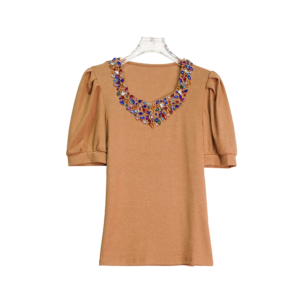 X2311【上新】时尚彩钻泡泡袖方领修身洋气焦糖色T恤