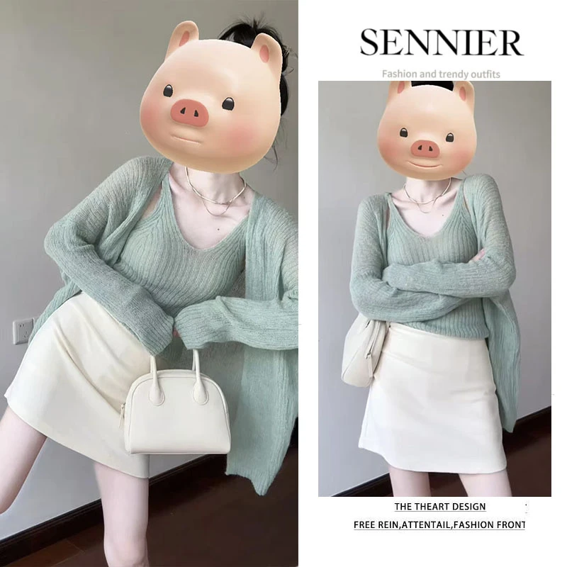 【现货】早秋韩系穿搭女2025新款韩版慵懒针织开衫显瘦背心两件套装