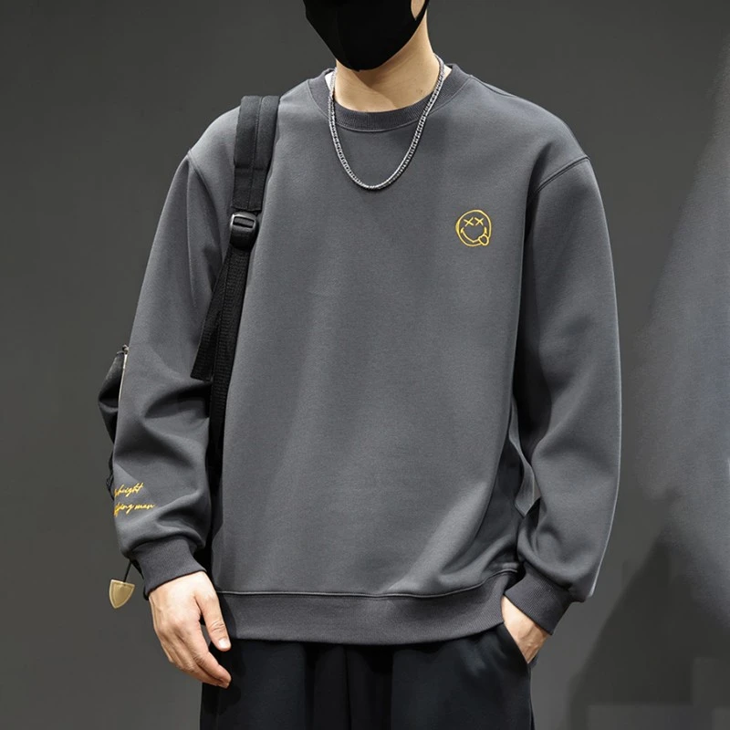 网红笑脸刺绣百搭卫衣男秋季长袖t恤宽松青年休闲套头春秋打底衫