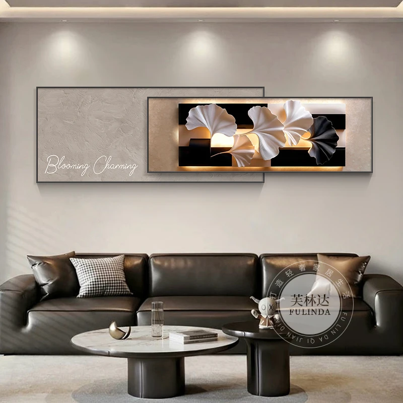 芙林达轻奢沙发背景墙装饰画2025新款高档银杏叶叠加壁画客厅挂画