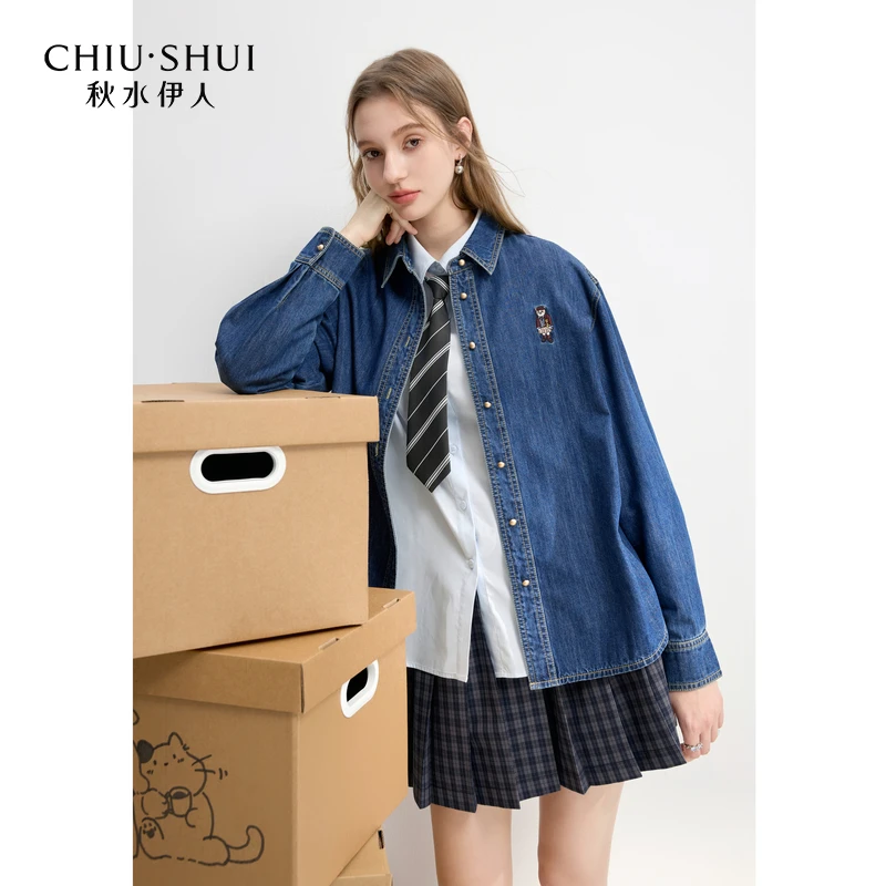 【籽言甄选】秋水伊人牛仔衬衫通勤翻领上衣625112D060012