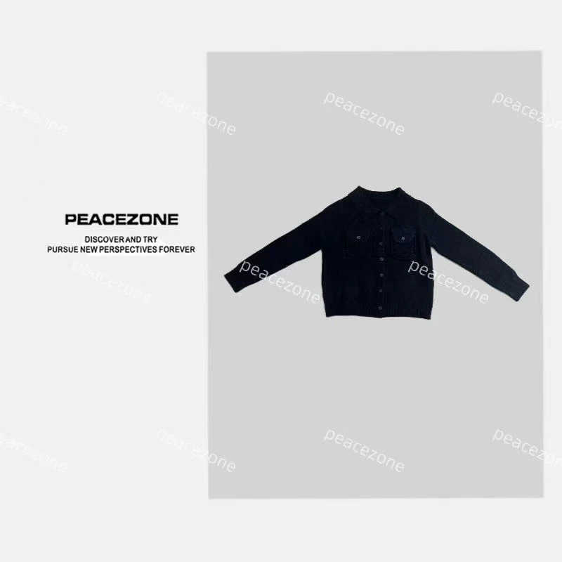 Peacezone 100羊毛 秋冬双口袋翻领单排扣长袖毛衣/3564