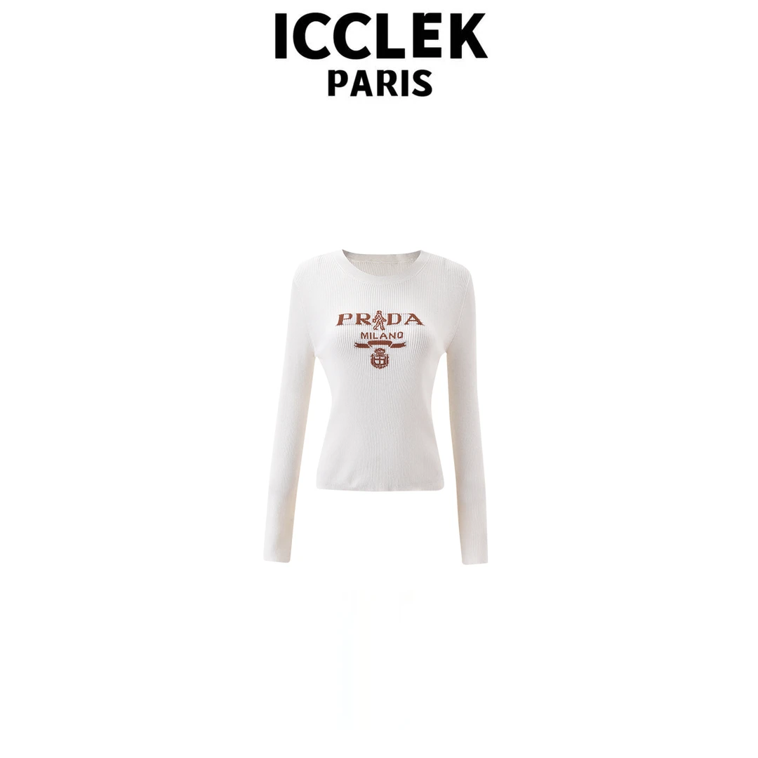 ICCLEK 秋冬新款白色圆领长袖针织衫时尚名媛显瘦百搭上衣 - 9321