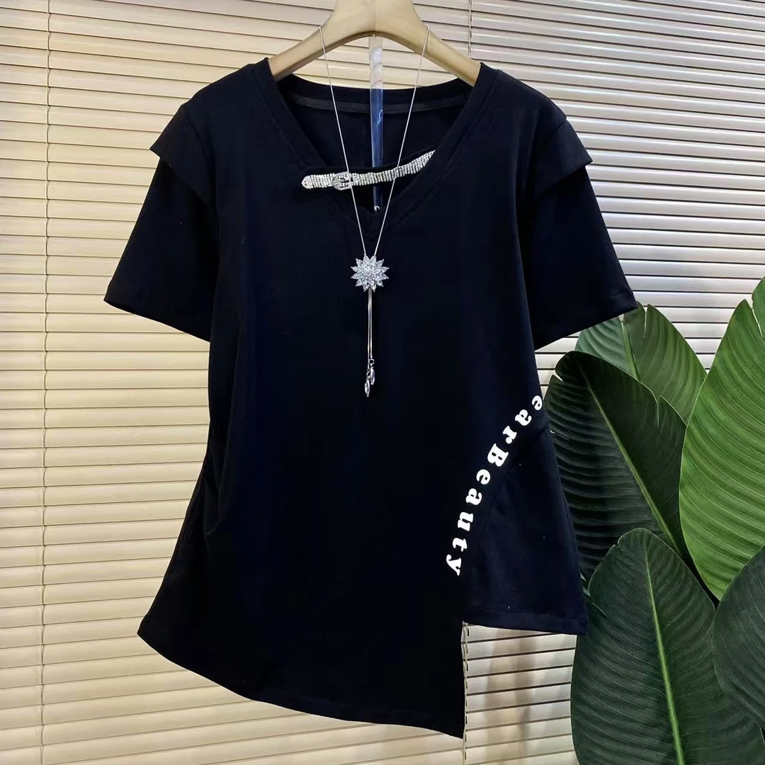 D欧货时尚新款V领重工设计拼接显瘦短袖上衣
