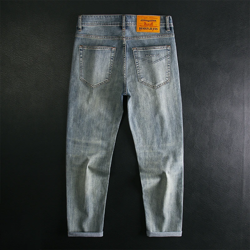 高端欧货牛仔裤男款复古水洗修身小直筒压花弹力休闲百搭经典长裤