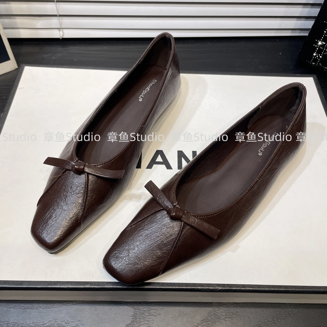 软底平底复古百搭单鞋浅口女鞋2025春秋新款舒适方头蝴蝶结通勤鞋