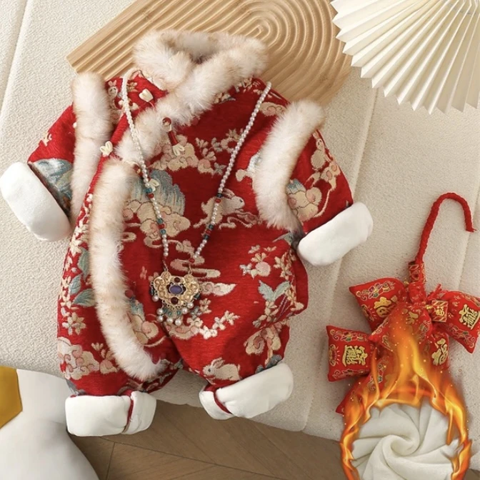 宝宝拜年服过年衣服棉衣婴儿连体衣冬季喜庆刺绣红色周岁礼服满月