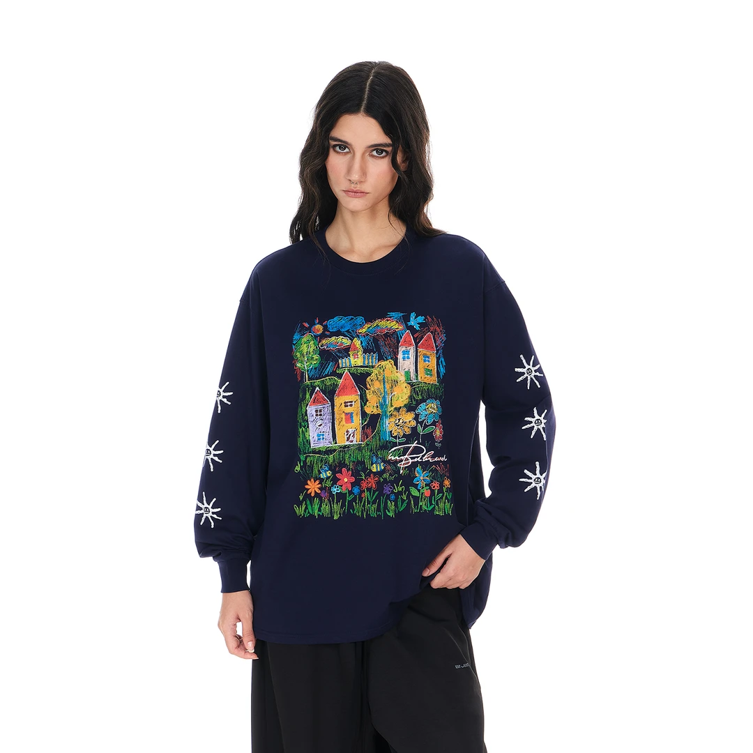 小恶魔城堡涂鸦国潮牌长袖t恤男女春秋季打底衫宽松休闲情侣