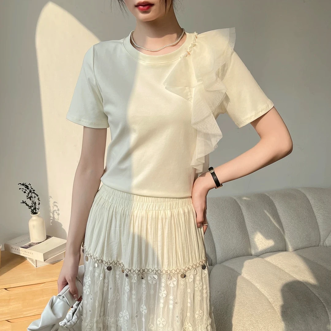 【锦衣服饰】YQN 151 欧洲站小众设计荷叶边短袖蕾丝衫上衣