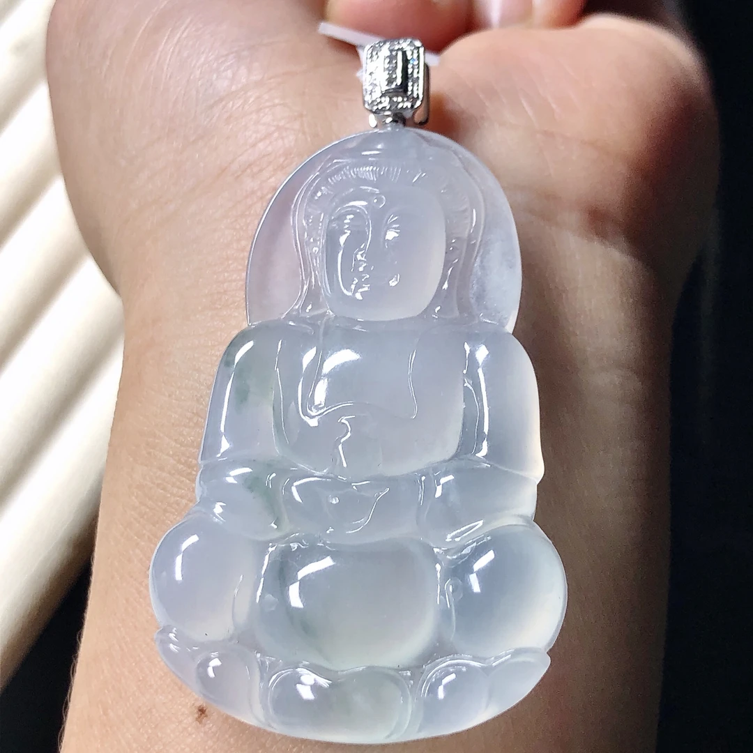天然A货缅甸翡翠18k金镶嵌老坑冰种正装观音吊坠挂件61/34.2/6.2