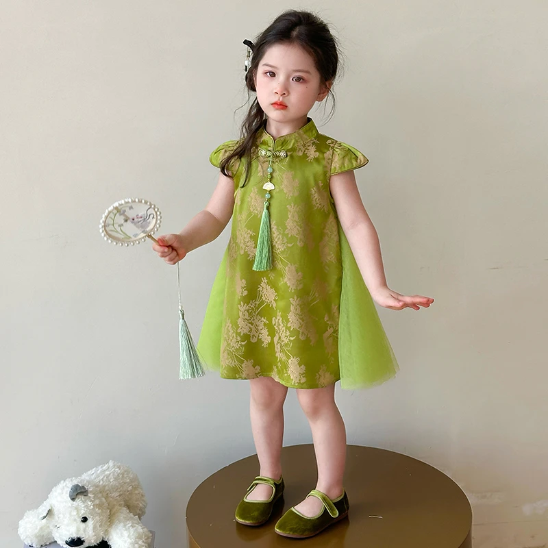 女童新中式连衣裙2025新款儿童洋气女宝宝夏装绿色飞袖网纱旗袍裙