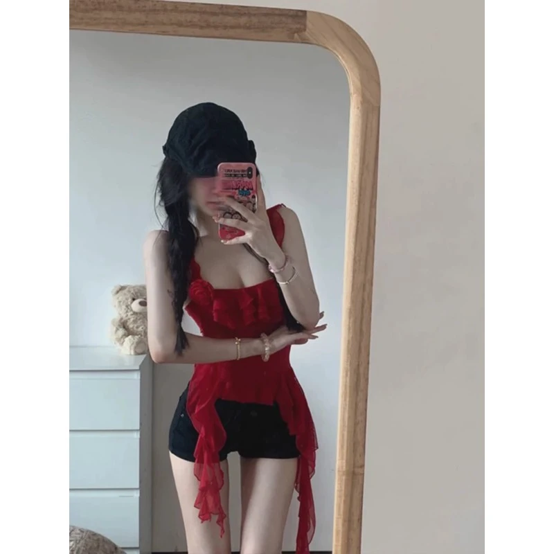 热辣玫瑰小众设计收腰修身短款纱网吊带背心外穿上衣女