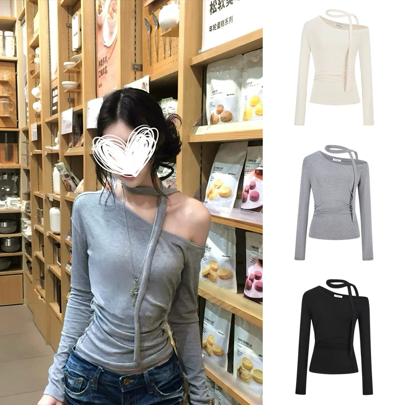 Moses Queen/魔西女王美式复古斜肩长袖T恤飘带露肩修身显瘦上衣