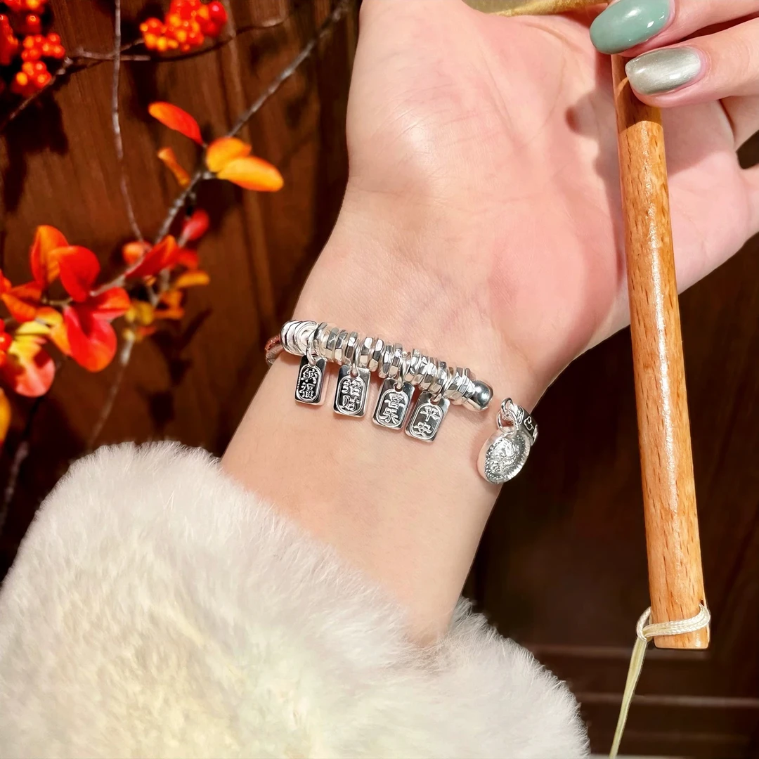 足银手镯 吉言盘缠手镯纯银999.9黄财神盘缠银手镯女国风个性实心