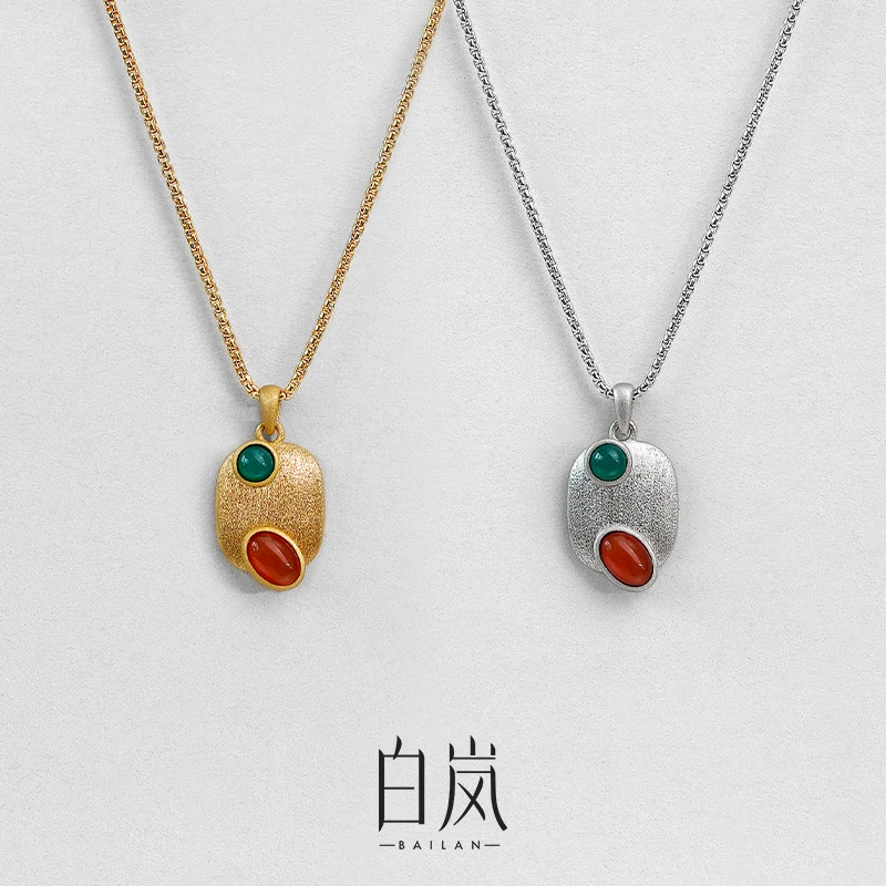 多宝项链天然橙绿色玛瑙古法玉石纯银原创锁骨链XL5699