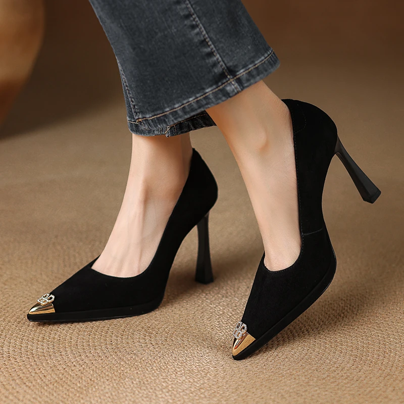 修悦手工女鞋10cm真皮2025新款细跟高跟女尖头时装女黑色职业单鞋