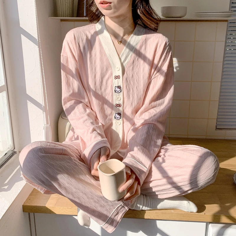 2025年春秋季新款提花棉睡衣女士甜美风卡通简约长袖两件套家居服