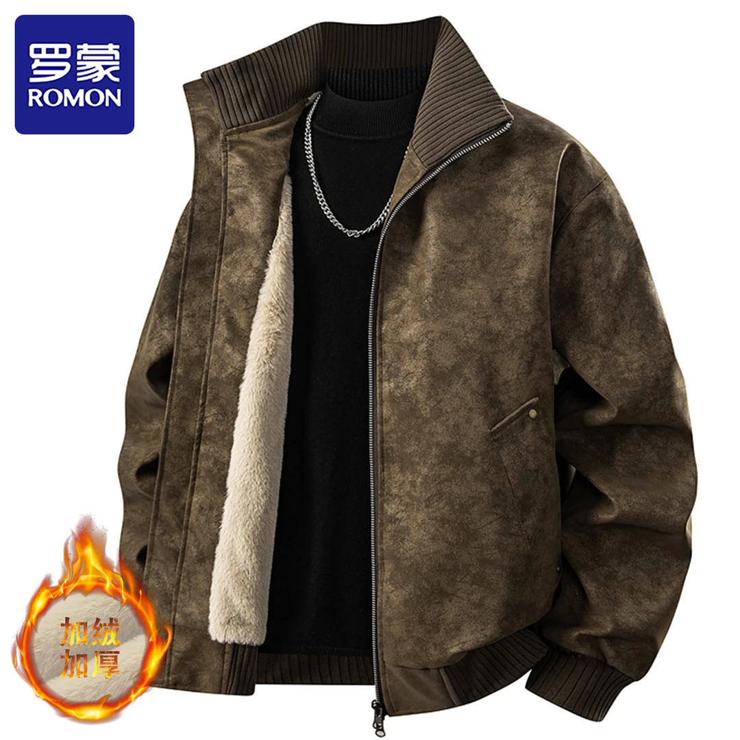 Romon/罗蒙冬季加绒加厚夹克男士美式中青年时尚潮流休闲保暖外套