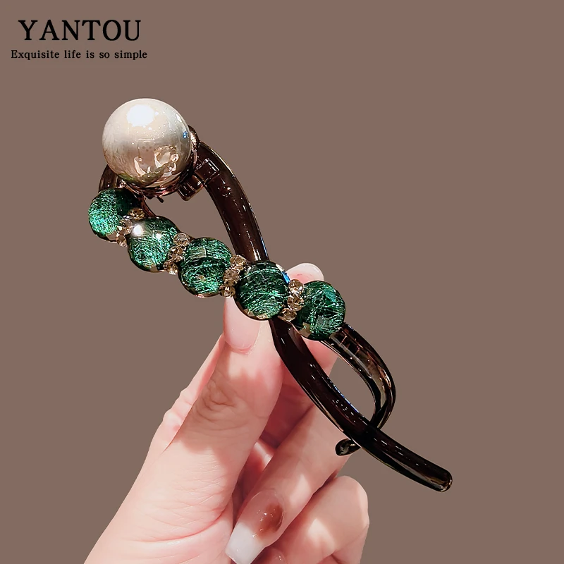 优雅仿珍珠扭扭夹一字发夹女后脑勺2024新款成人盘发香蕉夹抓夹子