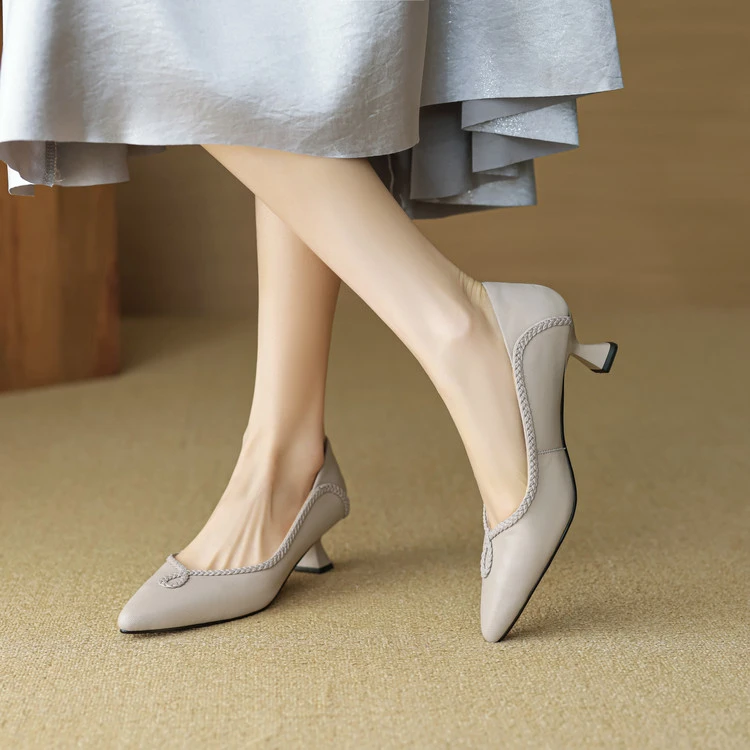 头层羊皮~5cm软底尖头浅口单鞋女春秋新款中跟细跟真皮灰色工作鞋