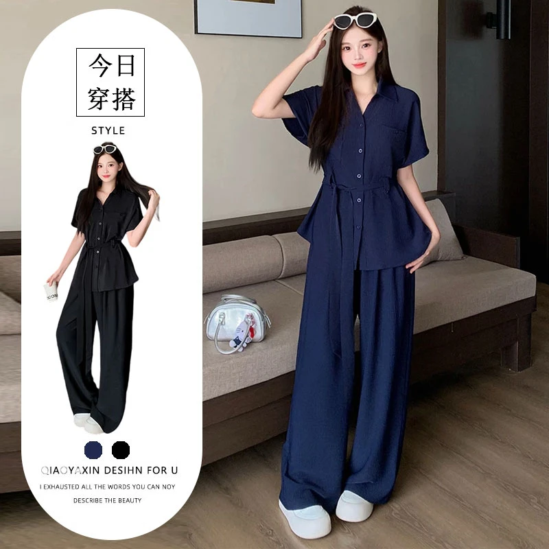 2025夏季新款胖mm大码女复古时尚休闲气质系带短袖高腰阔腿裤套装