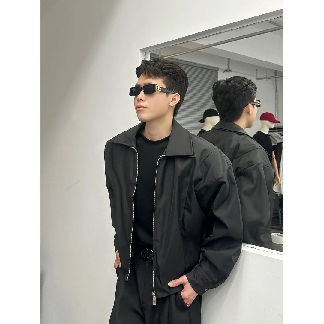 短款秋立领垫肩夹克外套时尚工装男装翻领秋季长袖日常通勤S6688