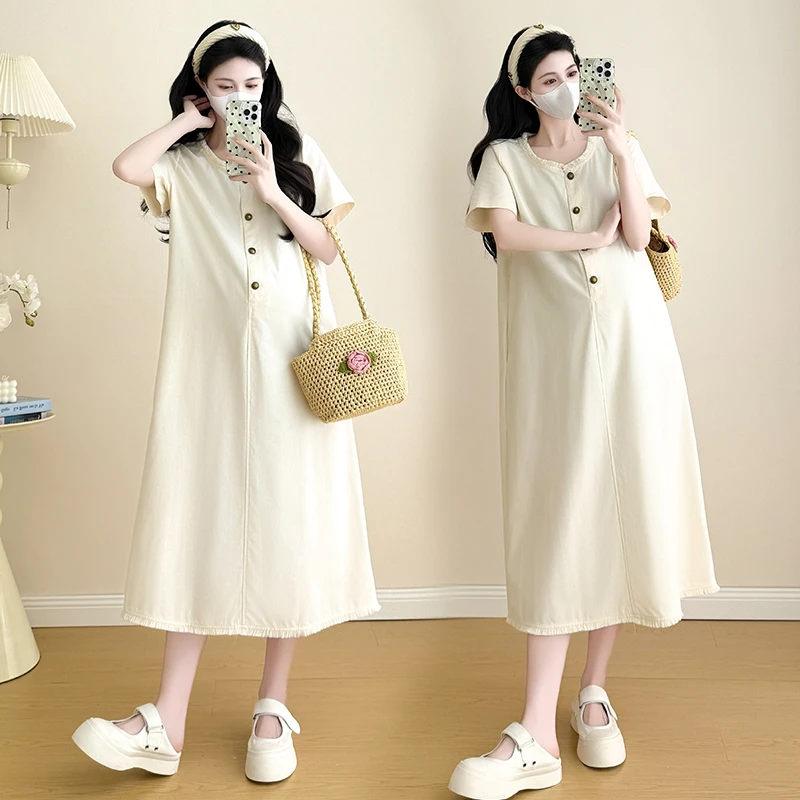 【小清家】小个子2025新款时尚大码女孕妇连衣裙慵懒风中长款休闲