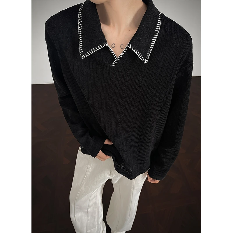 老钱风麦穗纹提花重磅翻领长袖t恤男春秋潮牌宽松内搭打底衫上衣