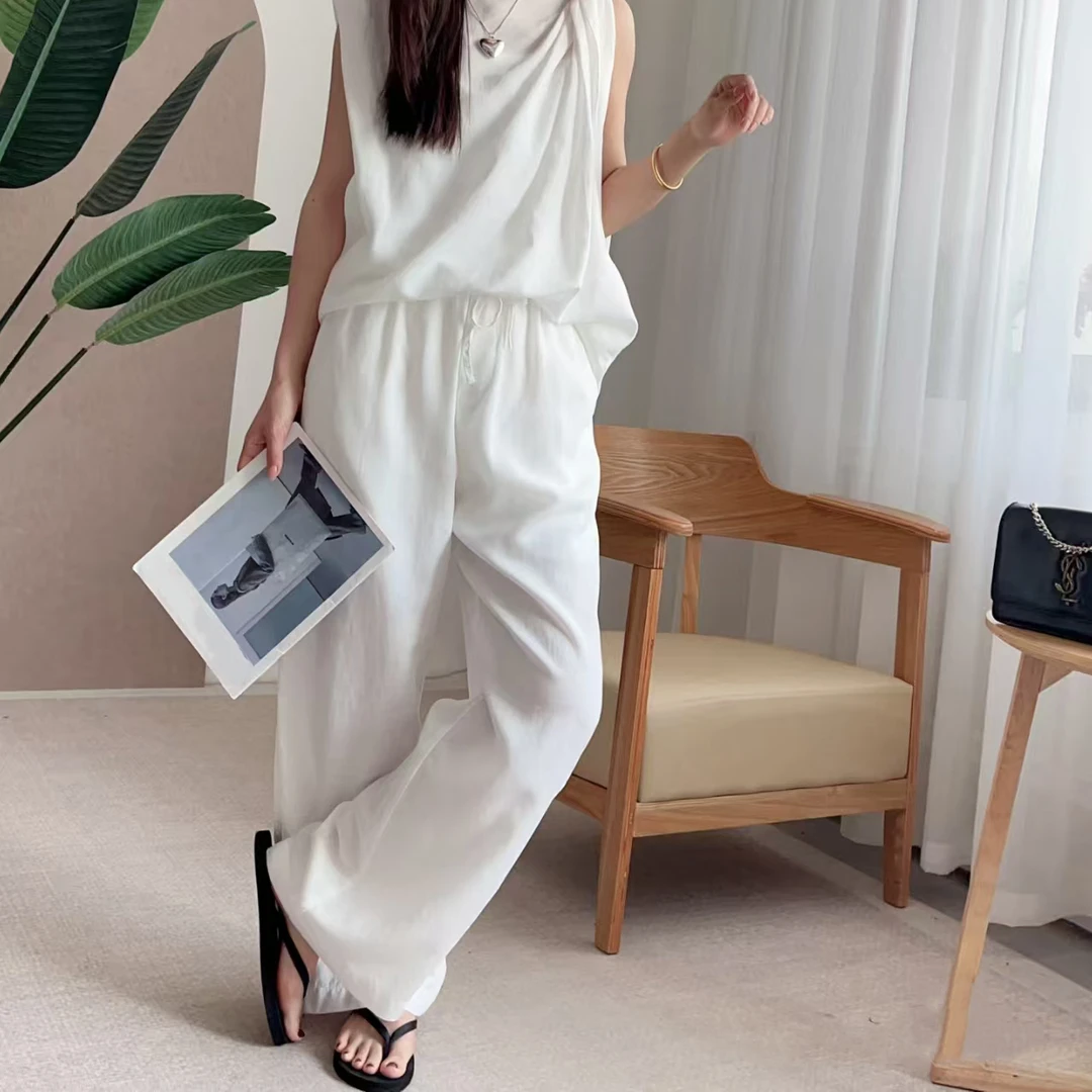 E家夏季女士莱赛尔天丝亚麻休闲阔腿裤