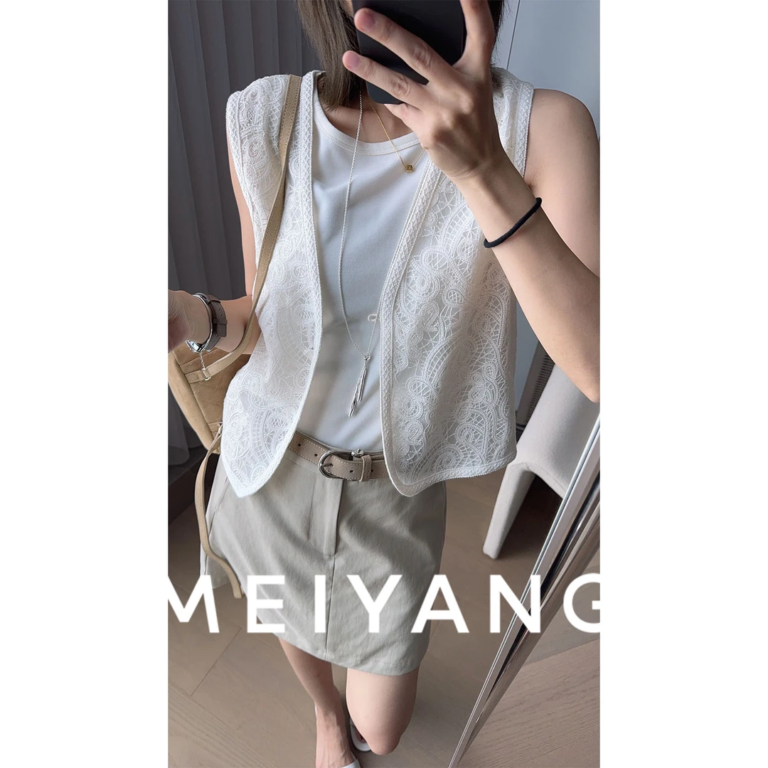 美洋MEIYANG 塔罗马甲【商场同款】水溶刺绣V领无袖百搭马夹