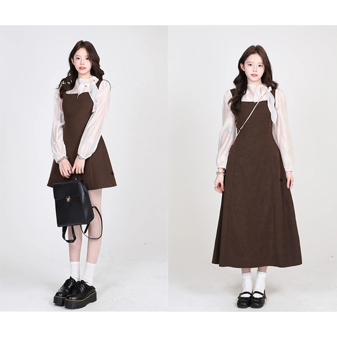 金川川  榛果摩卡 韩系气质复古高级时尚设计假两件收腰连衣裙