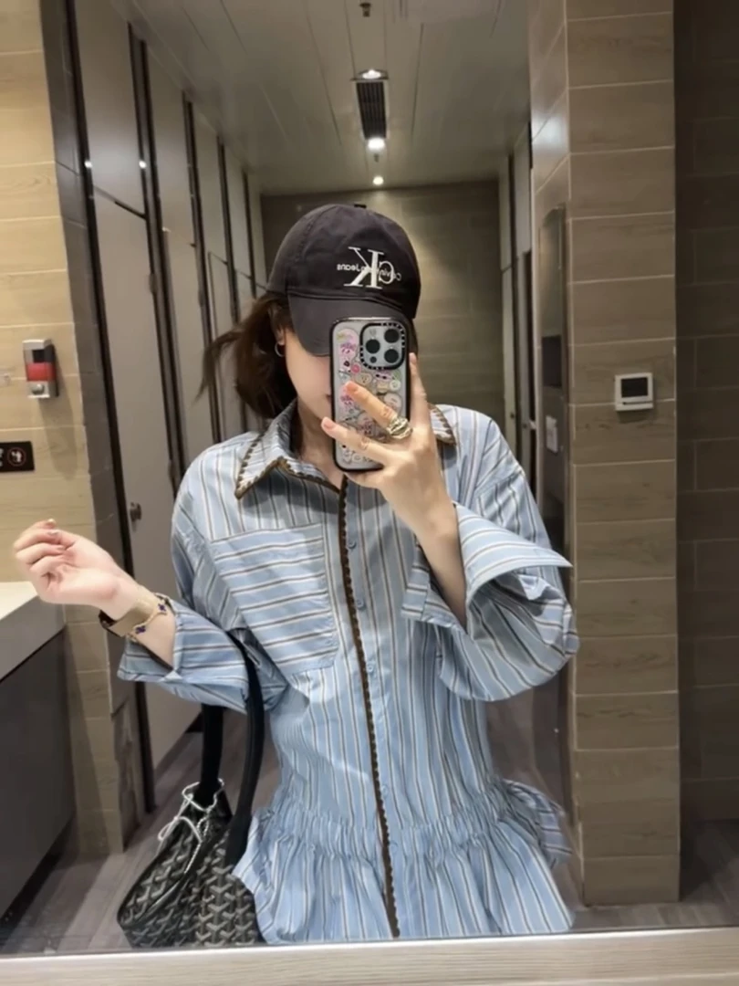 美式学院风撞色Polo领条纹长袖衬衫女秋季慵懒松弛感小众设计衬衣