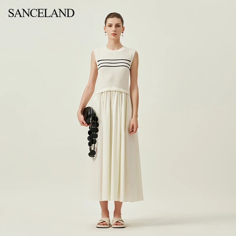 SANCELAND三石一澜秋针梭拼丝棉X型长款圆领无袖连衣裙SI34104011