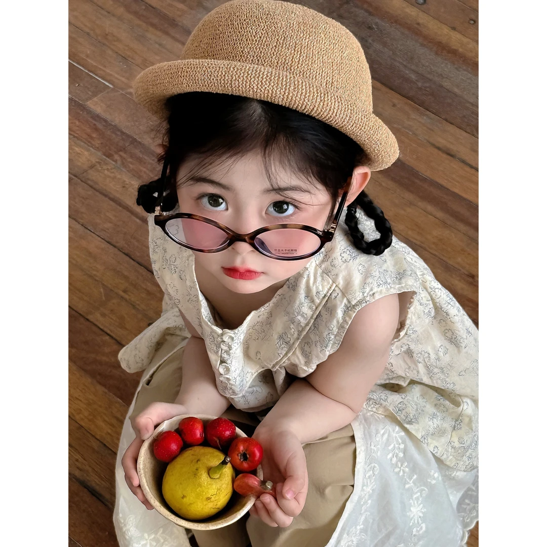 25225女童碎花衬衫无袖夏季新款日韩系清爽无袖衬衣别致纽扣圆领