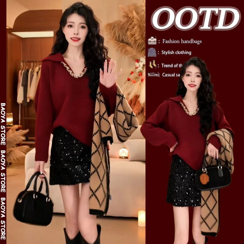 过年衣服一整套2025新款韩系设计感红色v领毛衣亮片半身裙两件套